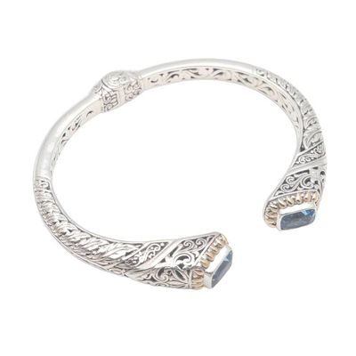 Alternate image for Gold Accented Leaf Pattern Blue Topaz Cuff Bracelet Leafy Oceans