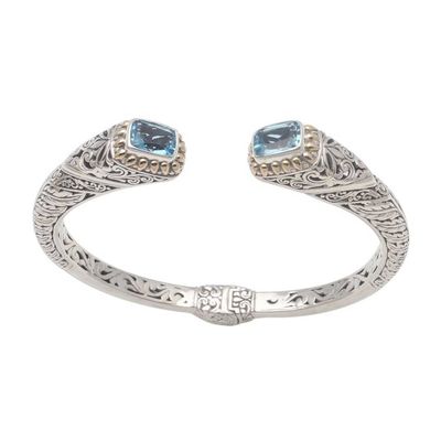 Alternate image for Gold Accented Leaf Pattern Blue Topaz Cuff Bracelet Leafy Oceans