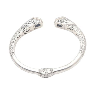 Alternate image for Gold Accented Leaf Pattern Blue Topaz Cuff Bracelet Leafy Oceans