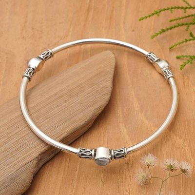 Primary image for Silver 925 Bangle Bracelet with Rainbow Moonstone large Harmony of Three