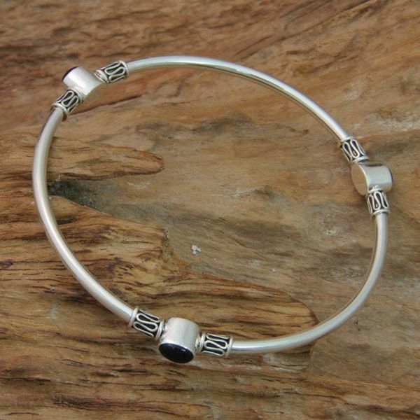 Alternate image for Silver and Onyx Balinese-Style Bangle Bracelet large Harmony of Three