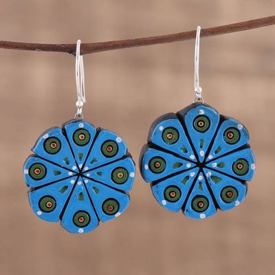 Primary image for Hand Crafted Ceramic Dangle Earrings from India Blue Floral Abstraction