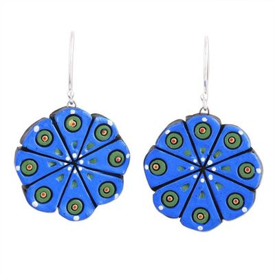 Alternate image for Hand Crafted Ceramic Dangle Earrings from India Blue Floral Abstraction