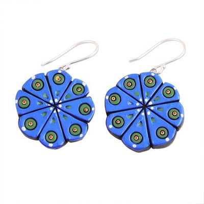 Alternate image for Hand Crafted Ceramic Dangle Earrings from India Blue Floral Abstraction