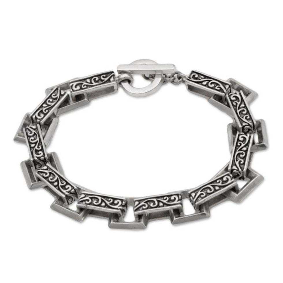 Indonesian Sterling Silver Link Bracelet with Swirl Motifs 'Daring Swirls'