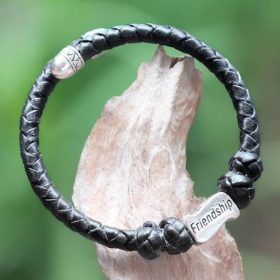 Alternate image for Sterling Silver Hand Braided Black Leather Bracelet Friendship in Black