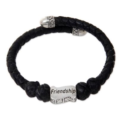 Alternate image for Sterling Silver Hand Braided Black Leather Bracelet Friendship in Black