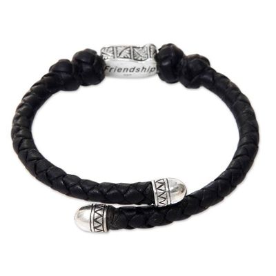 Alternate image for Sterling Silver Hand Braided Black Leather Bracelet Friendship in Black