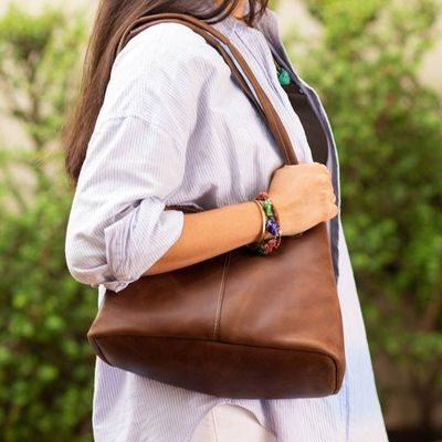 Alternate image for Handmade Leather Shoulder Bag in Sepia from Peru Stylish Sepia