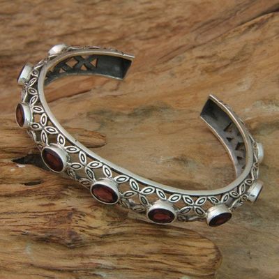 Primary image for Sterling Silver and Garnet Handmade Cuff Bracelet Java Kawung