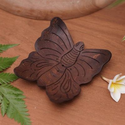 Alternate image for Balinese Handmade Water Draining Coconut Shell Soap Dish Butterfly Touchdown