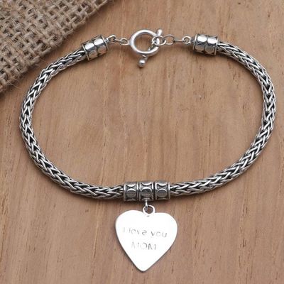 Primary image for Hand Crafted Sterling Silver Heart Charm Bracelet Love for Mom in Silver