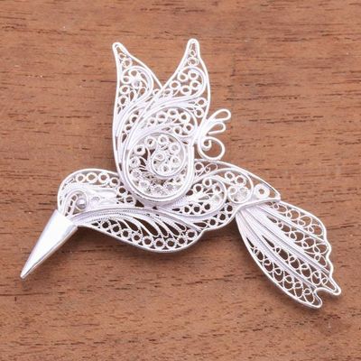 Alternate image for Sterling Silver Filigree Hummingbird Brooch from Java Intricate Hummingbird