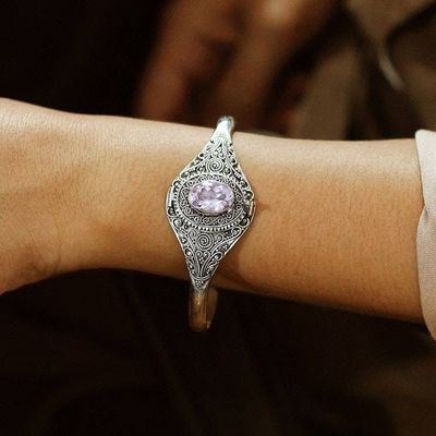 Alternate image for Hand Made Amethyst Sterling Silver Cuff Bracelet Indonesia Watchful Eye