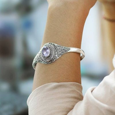 Alternate image for Hand Made Amethyst Sterling Silver Cuff Bracelet Indonesia Watchful Eye