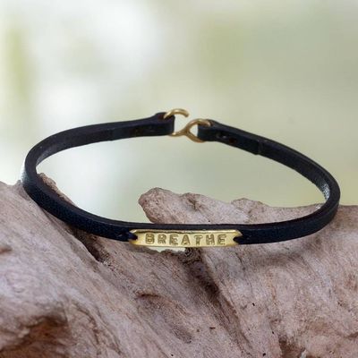 Alternate image for Engraved Brass on Slender Leather Wristband Bracelet Breathe