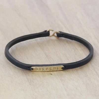 Alternate image for Engraved Brass on Slender Leather Wristband Bracelet Breathe