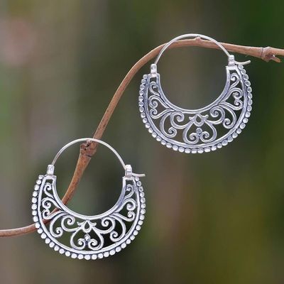Primary image for Balinese Style Sterling Silver Crescent Hoop Earrings Moonlit Garden