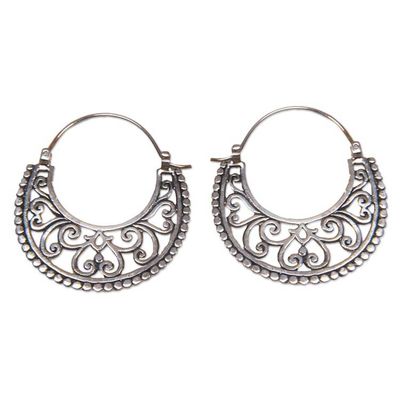 Alternate image for Balinese Style Sterling Silver Crescent Hoop Earrings Moonlit Garden