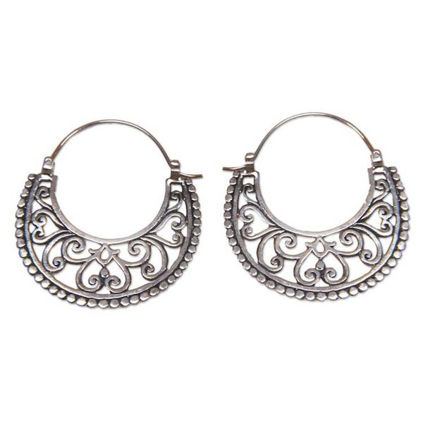 Alternate image for Balinese Style Sterling Silver Crescent Hoop Earrings Moonlit Garden