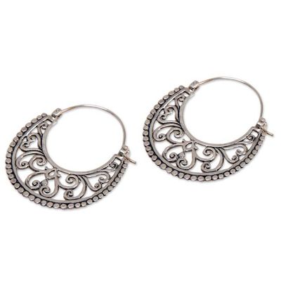 Alternate image for Balinese Style Sterling Silver Crescent Hoop Earrings Moonlit Garden