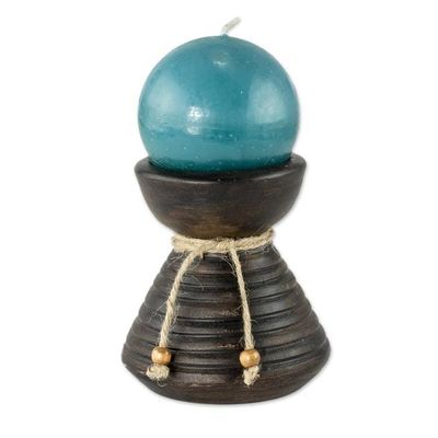 Alternate image for Handmade Blue Candle in Ceramic Candleholder Natural Light in Blue