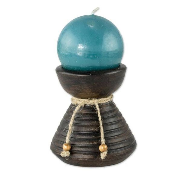 Alternate image for Handmade Blue Candle in Ceramic Candleholder Natural Light in Blue