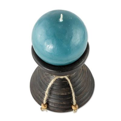 Alternate image for Handmade Blue Candle in Ceramic Candleholder Natural Light in Blue