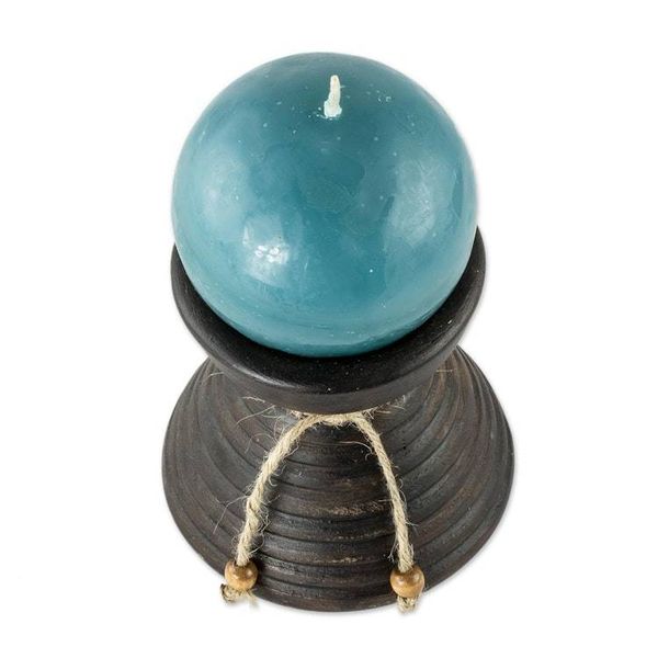 Alternate image for Handmade Blue Candle in Ceramic Candleholder Natural Light in Blue