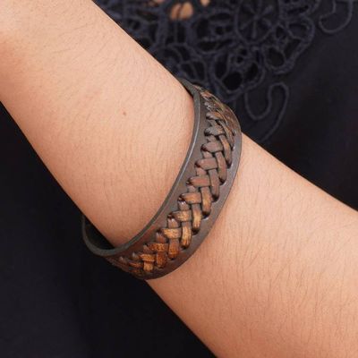 Alternate image for Artisan Crafted Indonesian Leather Bracelet Brown Kingdom Warrior
