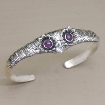 Primary image for Womens Owl Cuff Bracelet with Amethysts in Sterling Silver Always Watching