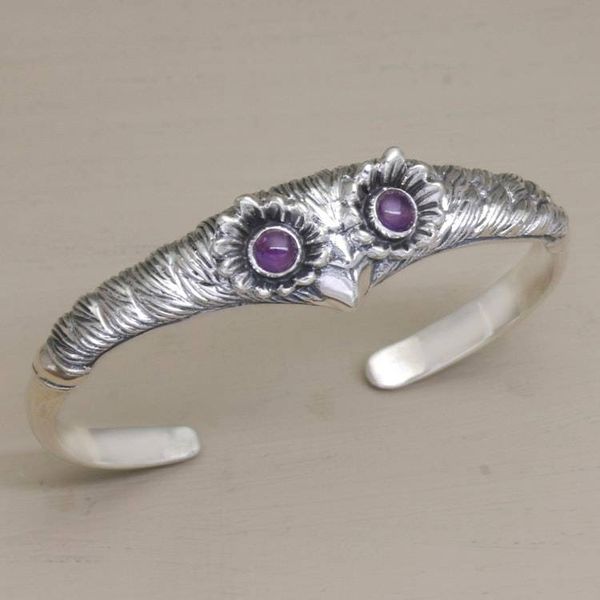 Alternate image for Womens Owl Cuff Bracelet with Amethysts in Sterling Silver Always Watching