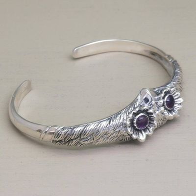 Alternate image for Womens Owl Cuff Bracelet with Amethysts in Sterling Silver Always Watching