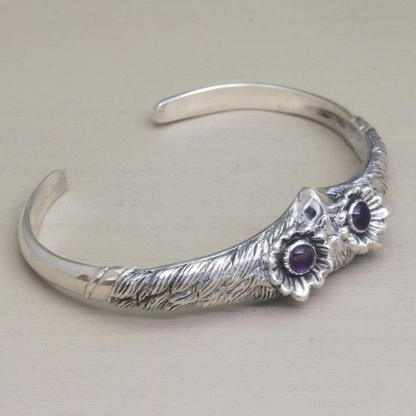 Alternate image for Womens Owl Cuff Bracelet with Amethysts in Sterling Silver Always Watching