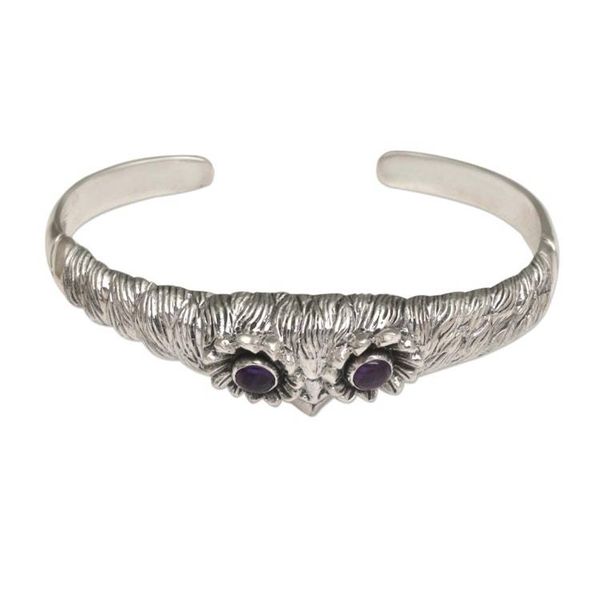 Alternate image for Womens Owl Cuff Bracelet with Amethysts in Sterling Silver Always Watching