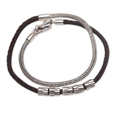 Alternate image for Handmade Brown Leather and Sterling Silver Wrap Bracelet Dual Power in Brown