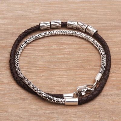 Alternate image for Handmade Brown Leather and Sterling Silver Wrap Bracelet Dual Power in Brown