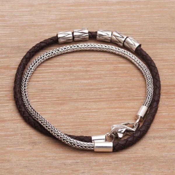 Alternate image for Handmade Brown Leather and Sterling Silver Wrap Bracelet Dual Power in Brown
