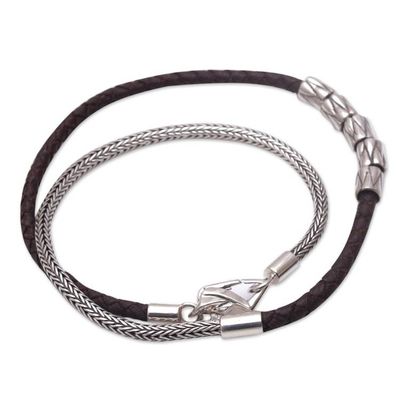 Alternate image for Handmade Brown Leather and Sterling Silver Wrap Bracelet Dual Power in Brown