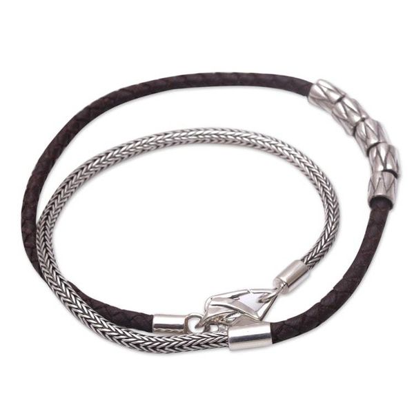 Alternate image for Handmade Brown Leather and Sterling Silver Wrap Bracelet Dual Power in Brown