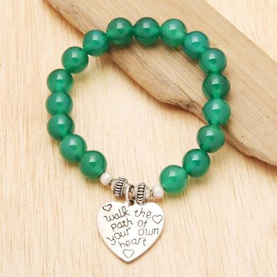 Primary image for Green Agate and Heart Charm Beaded Bracelet from Bali Path of Love