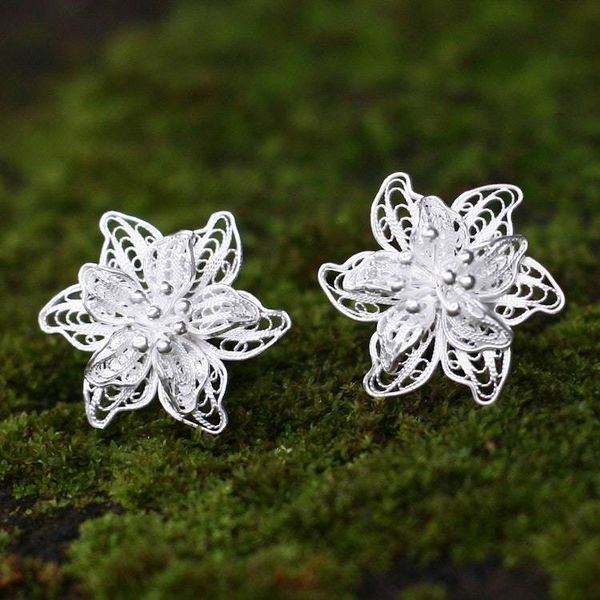 Alternate image for Indonesian Floral Sterling Silver Filigree Earrings Bali Blossoms