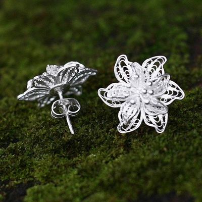 Alternate image for Indonesian Floral Sterling Silver Filigree Earrings Bali Blossoms