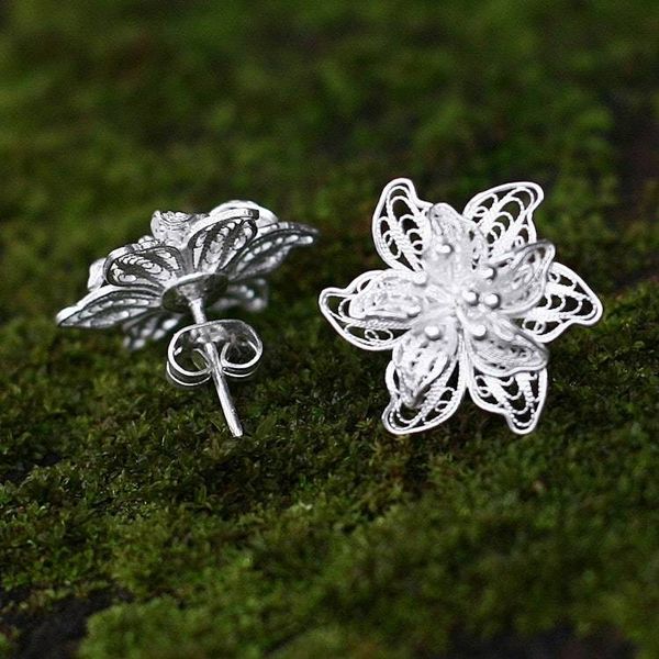 Alternate image for Indonesian Floral Sterling Silver Filigree Earrings Bali Blossoms