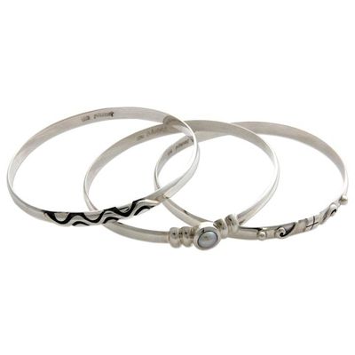 Alternate image for Sterling Silver Pearl Bangle Bracelets Set of 3 Java Trio
