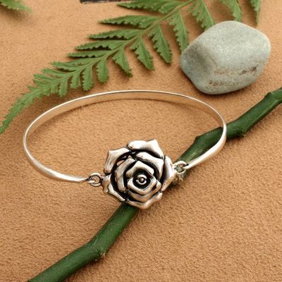 Alternate image for Romantic Rose-Themed Sterling Silver Pendant Bangle Bracelet Valentine Petals