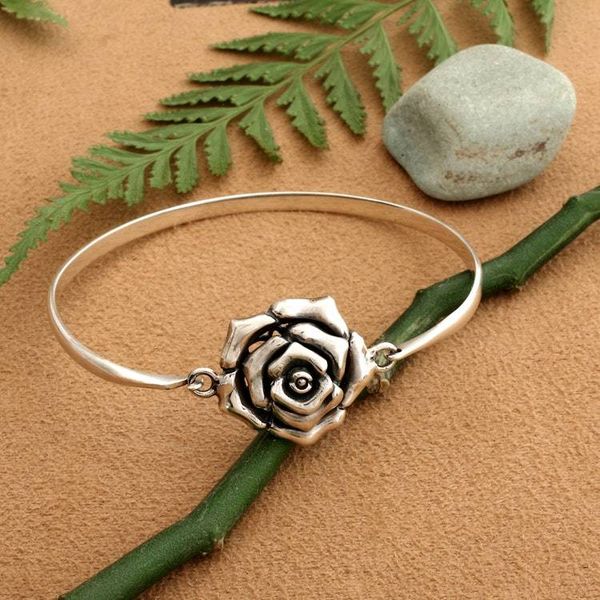 Alternate image for Romantic Rose-Themed Sterling Silver Pendant Bangle Bracelet Valentine Petals
