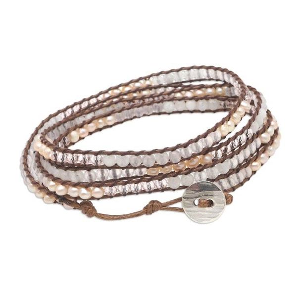 Alternate image for Rainbow Moonstone and Rose Quartz Wrap Bracelet Pale Clouds