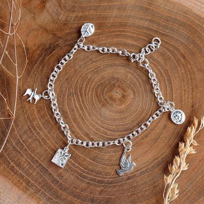 Alternate image for Whimsical Flora and Fauna-Themed Silver Charm Bracelet Sweet Flora and Fauna