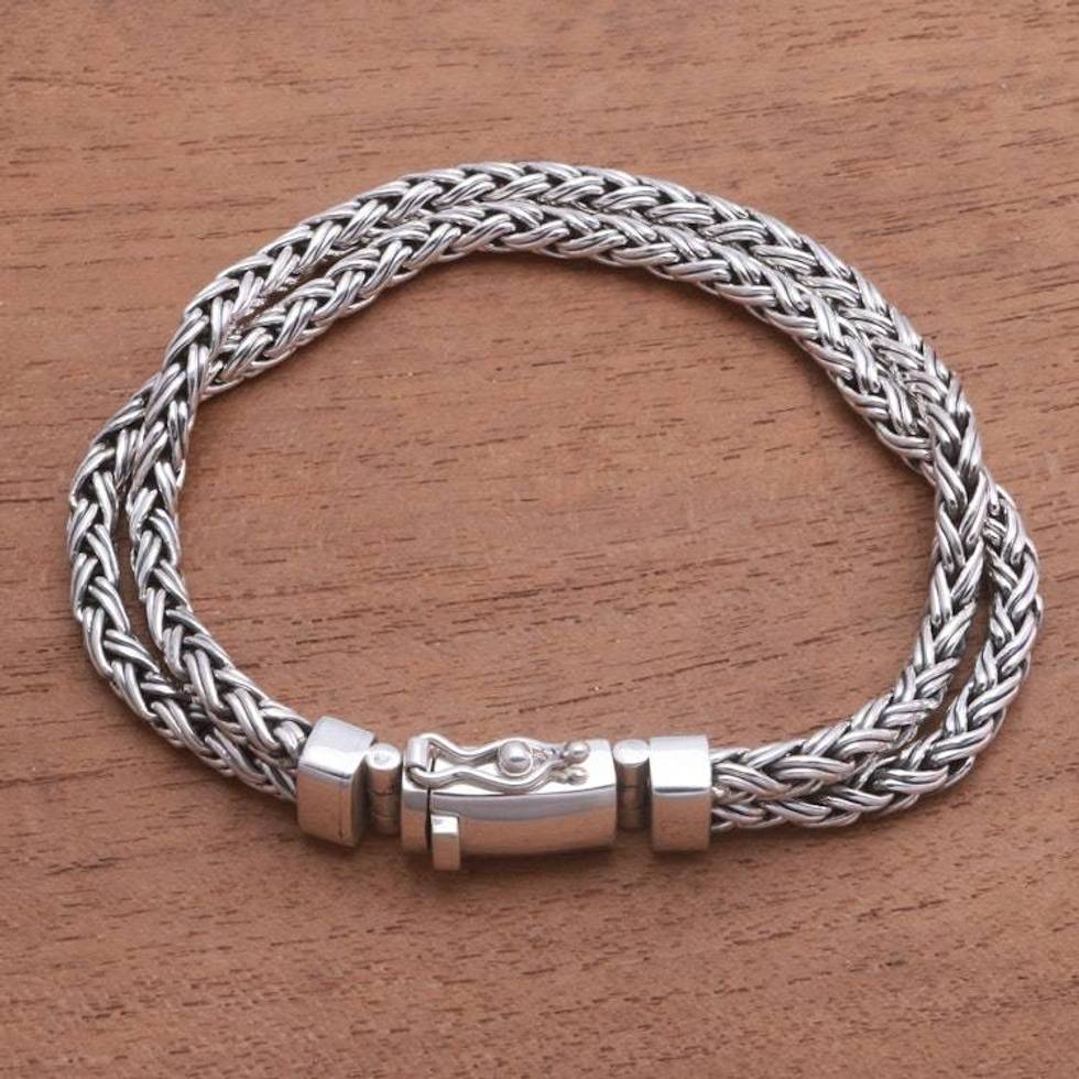 Combination-Finish Men's Sterling Silver Wheat Bracelet 'Wheat Twins'